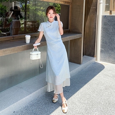 新中式改良旗袍设计感时尚收腰显瘦裙子女2025夏季淡人国风连衣裙，女装连衣裙，纯色衣恋