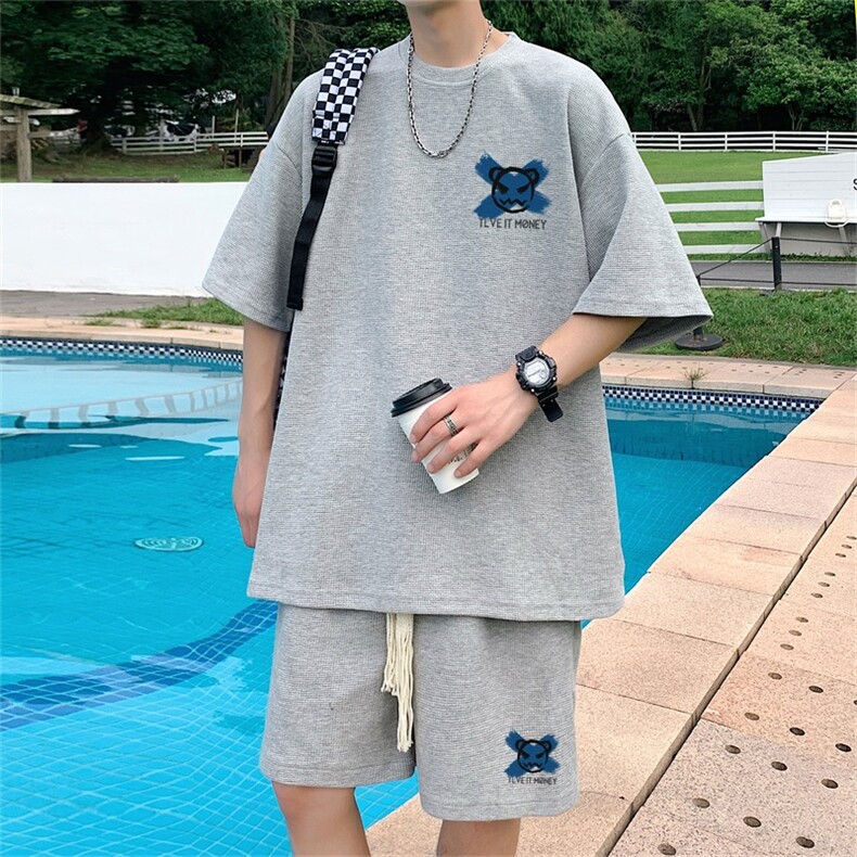 电商DSA028-TZDTHP420-P50夏季华夫格套装男T恤短裤两件套港风,男装休闲套装,电商A028