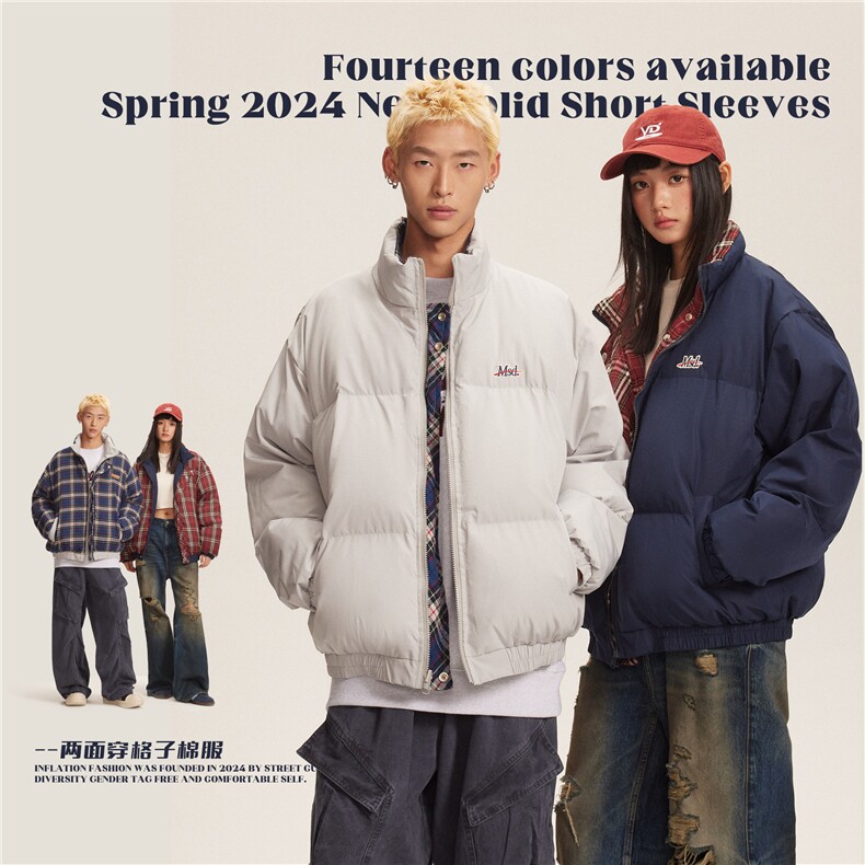 两面穿格子棉服--5675模特图258，男装棉衣，电商S012（CATTEE）