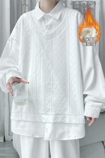 假两件套头拼接卫衣男士大码大码翻领长袖衬衫W321J加绒-P65控98，男装衬衫，电商A001