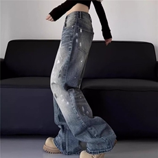 美式复古cleanfit泼墨牛仔裤男女潮宽松直筒阔腿欧美休闲拖地裤子，男装牛仔裤，星座1210-1