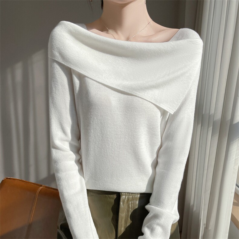 高级感气质一字领精纺羊毛衫女褶皱纯色长袖针织毛衣宽松显瘦打底，女装羊毛衫，总能电商供货