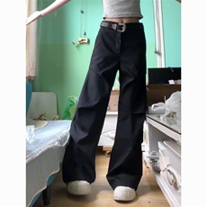 复古美式高街新款宽松直筒微喇裤子男女黑色褶皱高级感休闲西裤，男装西裤，星座813-2