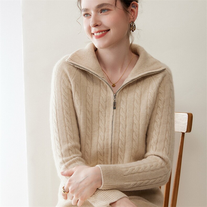 复古慵懒扭花山羊绒衫女亲肤柔软毛衣2025秋冬高翻领半拉链针织衫，女装针织衫/毛衣，绒又羊绒