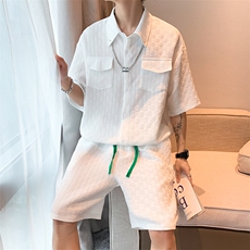 新款衬衫套装短袖短裤两件套搭配一套衣服送链子W3234套装P55，男装衬衫，星座512-2