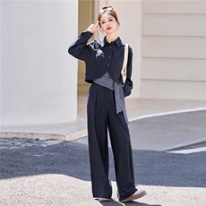 休闲时尚方格牛仔套装女2025年春秋新款高腰宽松显瘦阔腿裤三件套，女装套装/套裙，意芙