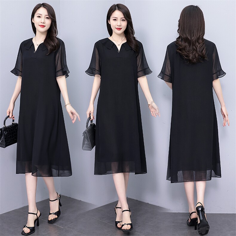 （现货）2025年夏季薄款中长款A型短袖圆领大码连衣裙，女装连衣裙，深妍伊美