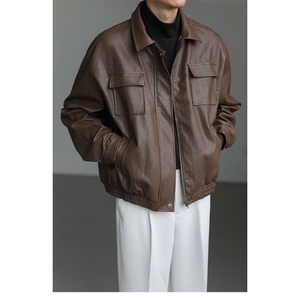 W9410-P70 网图现货 新款痞帅Pu皮衣潮牌垫肩皮夹克机车服外套图片