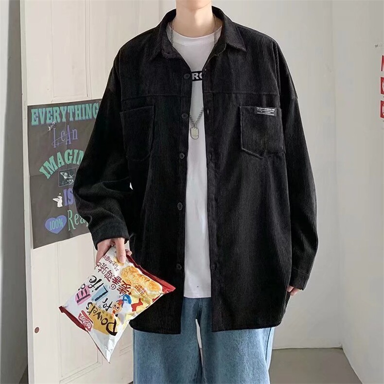 灯芯绒衬衫男士长袖ins宽松休闲外套C105P35,男士秋装牛仔马甲怎么穿搭图片