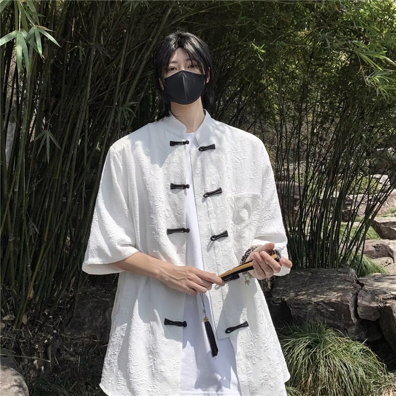 新中式风盘扣提花短袖衬衫潮上衣男款衬衣,男装衬衫,星座1013