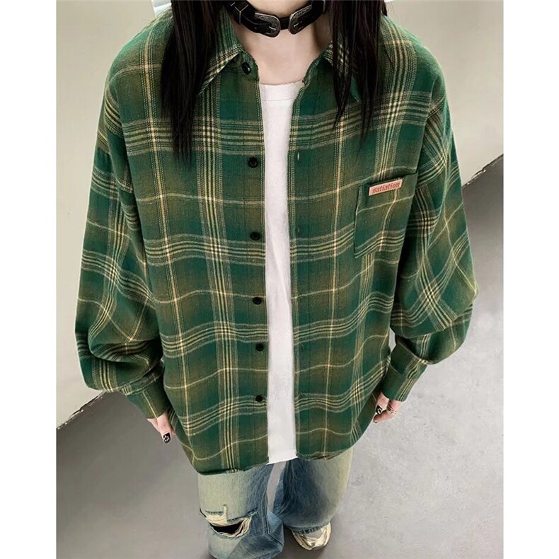 新款美式复古格子长袖衬衫街头衬衣情侣外套潮CSA12-P37,男装衬衫,星座208-5
