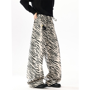 美式复古斑马纹印花牛仔裤新款潮流宽松拖地裤图片