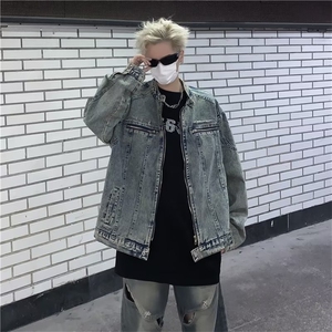 美式复古做旧水洗垫肩短款拼接牛仔外套潮金属无领夹克男 JN1224图片