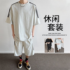 套装t恤男夏季薄款条纹款篮球休闲运动短袖短裤男装一套装，男装休闲套装，星座1206（原A206）