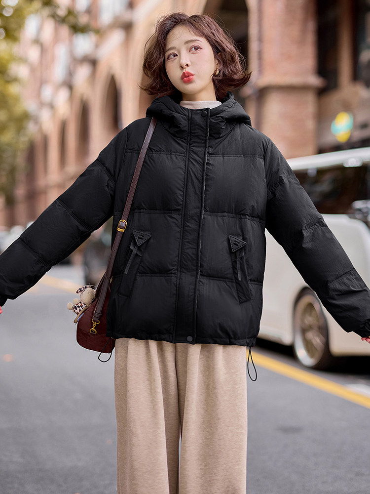 现货2024冬季新款百搭简约格子拼接连帽羽绒服外套,女装羽绒服,深水步