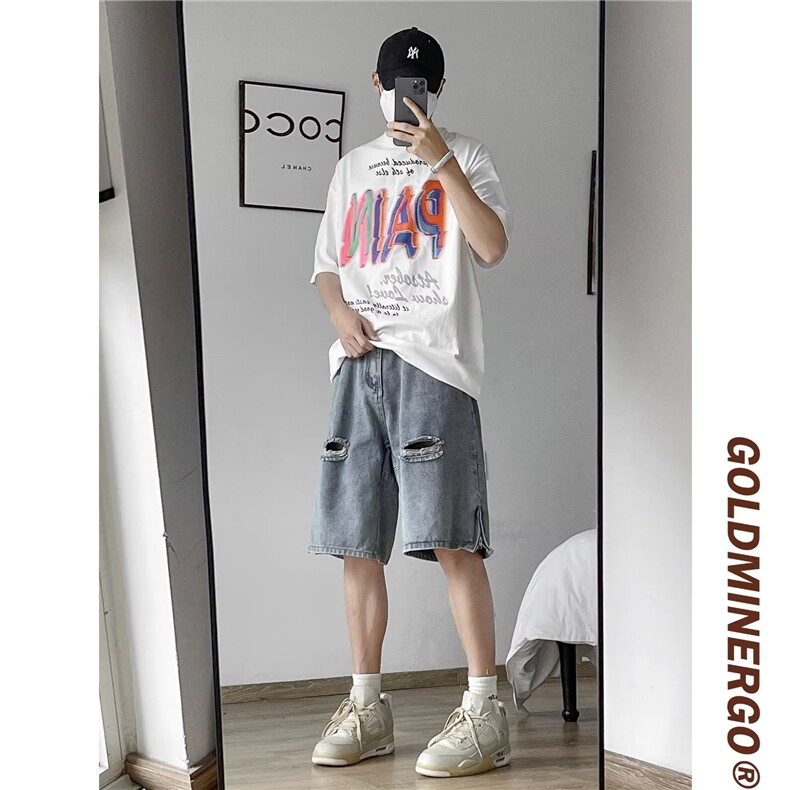 破洞牛仔短裤男夏季美式高街vibe五分裤P40,男装牛仔裤,星座1116-2