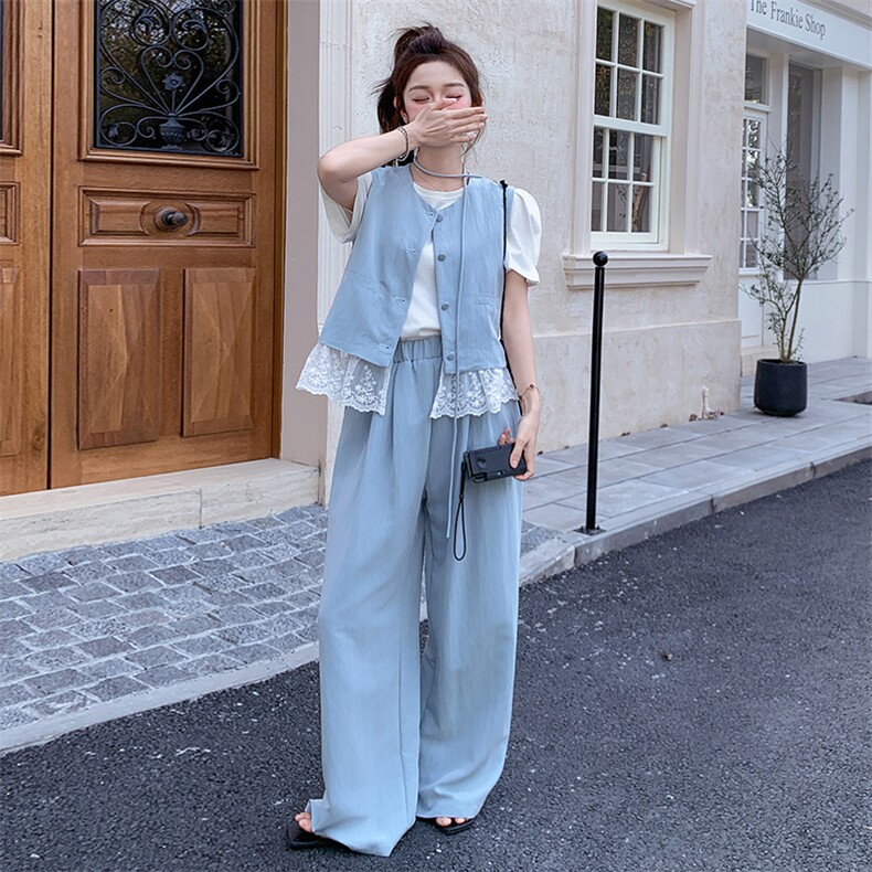 小香风蕾丝拼接马甲休闲裤套装女夏2025新款减龄韩系巨好看两件套,女装套装/套裙,2C260