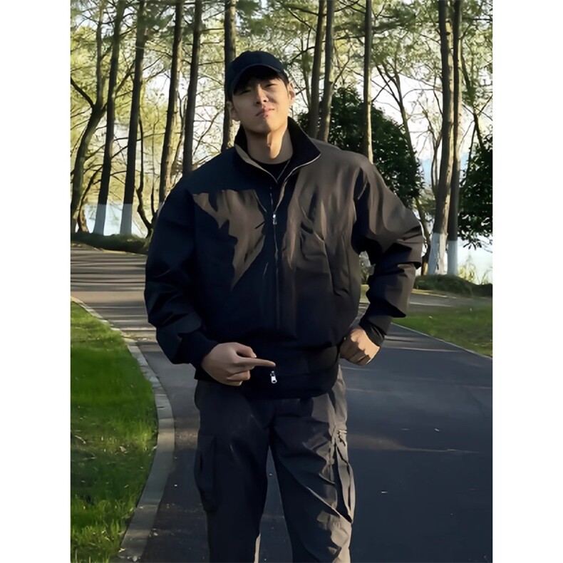 现货26春装美拉德立领飞行夹克纯色复古廓形高街棒球服外套,男装夹克,电商A486