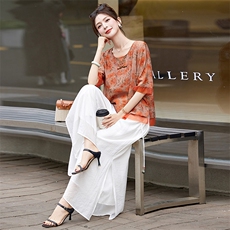 现货！！棉麻印花套装女2024夏季新款洋气优雅复古盘扣绣花两件套，女装套装/套裙，涵墨