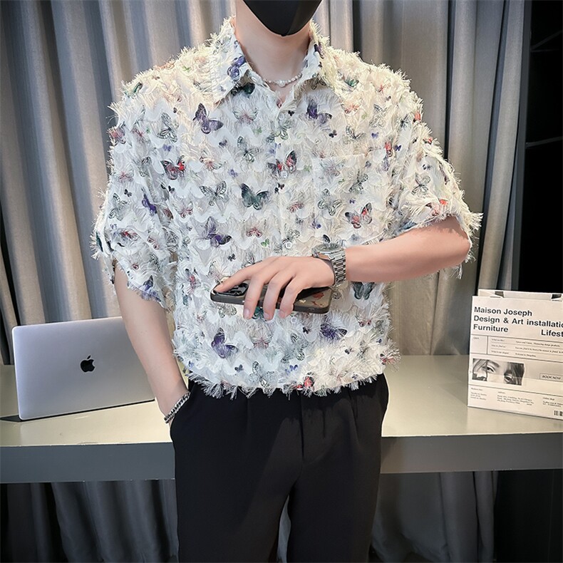小伙宽松冰丝蝴蝶垂感衬衫男度假风短袖复古花衬衣A236--P50,男装衬衫,电商A236