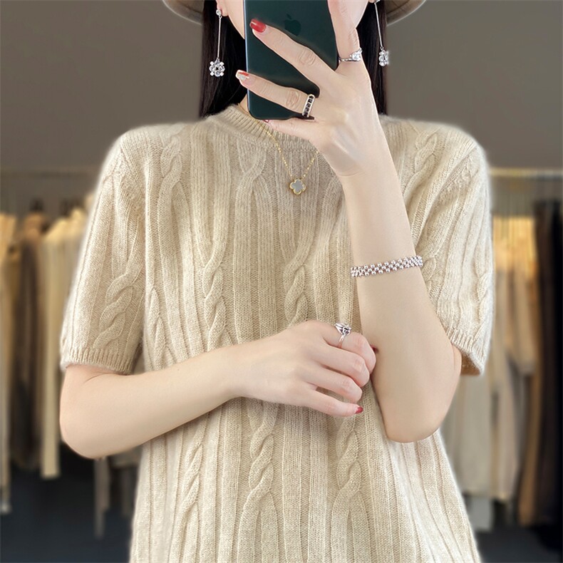 秋冬女士短袖女圆领麻花中袖五分袖羊毛宽松针织毛衣潮,女装羊毛衫,朝辰羊绒