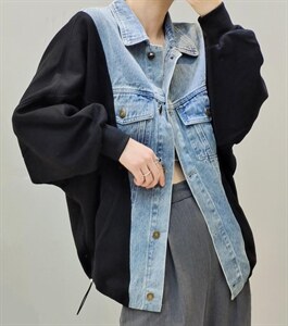 【现货]】秋季新款 韩版宽松休闲风牛仔拼接外套图片