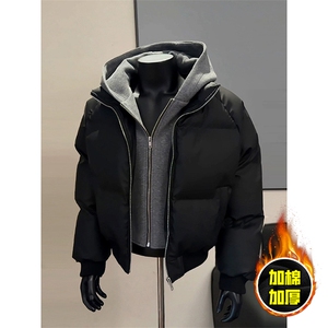 现货高品质重磅工艺美式高街假两件PU皮棉衣男女加厚棉服外套图片