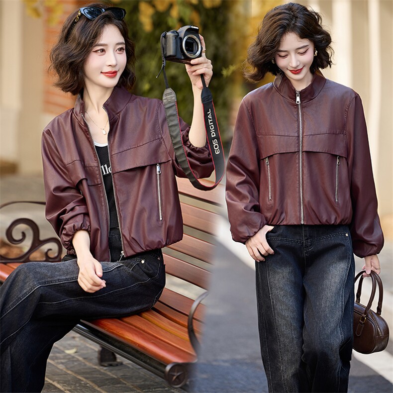 中古灯笼袖立领皮衣外套女2025春季新款时尚帅气高端流行机车夹克，女装皮衣，魅丽静蓝