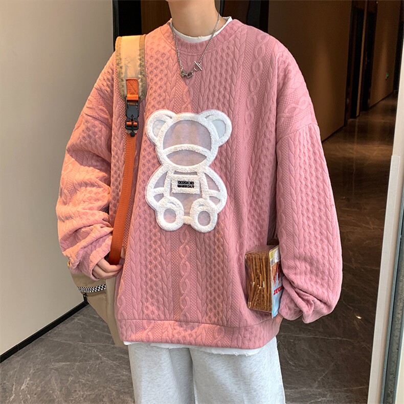现货 7663-P55  秋冬百搭圆领小熊贴布大码卫衣外套男图片