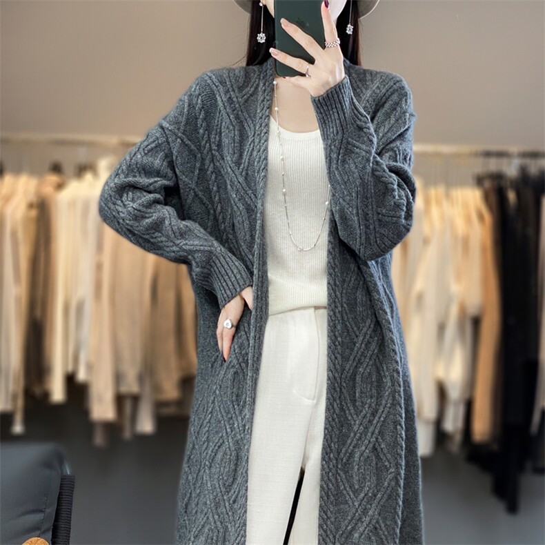 100%纯羊毛中长款开衫女V领绞花长袖针织毛衣宽松慵懒羊绒衫外套,女装羊毛衫,忠诺羊绒
