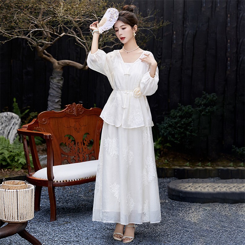 温柔橘粉色刺绣套装裙女2024夏季新款贵夫人盘扣上衣半身裙两件套,女装套装/套裙,尚娜萱