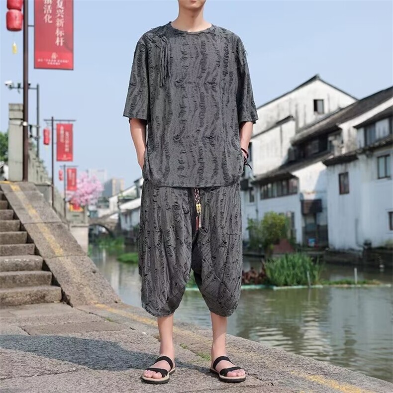 主推款风套装夏季薄款潮流设计感大码宽松休闲短袖长裤两件套男,男装休闲套装,星座218-1（原230）