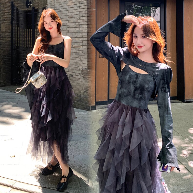 温柔千金风穿搭紫色吊带连衣裙加开衫女春秋超火好看高级长裙套装,女装连衣裙,纯色衣恋