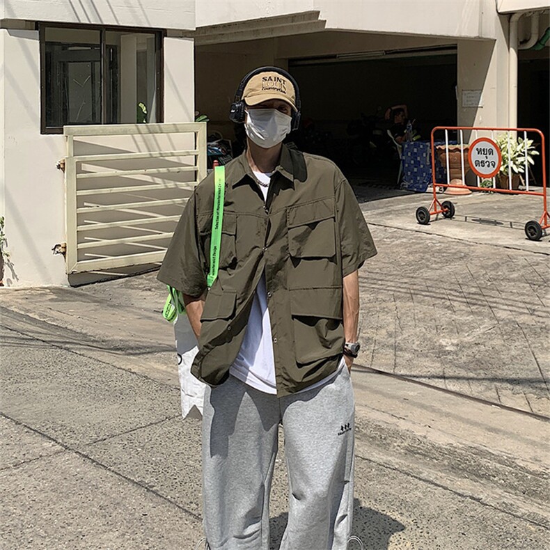 工装短袖衬衫女夏季日系设计感小众复古中性衬衣薄款上衣C31-P42,男装衬衫,星座1008