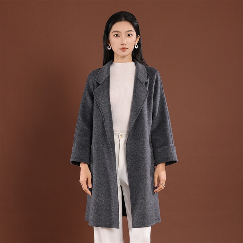 秋冬双面呢大衣女中长款韩版新款羊毛呢外套，女装双面呢大衣，岳达羊绒