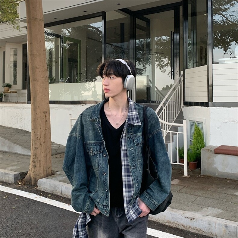 2025秋格子拼接牛仔外套男假两件工装外套JK8624,男装工装外套,星座1108