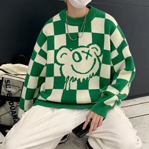 秋冬宽松慵懒百搭针织衫棋盘格外套套头线衣圆领毛衣男 M621-P30图片