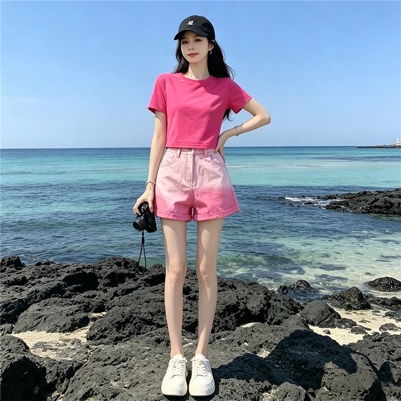 欧韩时尚潮流套装女夏新款玫红色圆领短袖上衣粉色牛仔短裤两件套,女装套装/套裙,江南