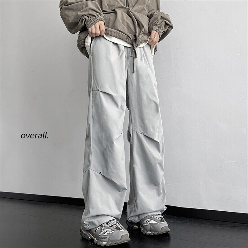 特批P28无差价2025新款柳钉装饰褶皱伞兵裤男时尚潮拖地长裤K1172图片