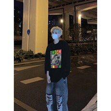 美式复古黑人组合说唱印花长袖T恤小领口打底衫，男装T恤，星座310A-4