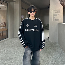 秋季港风宽松条纹三条杠圆领卫衣潮休闲外套XZ808B-WH093-P45，女装短外套，星座808B