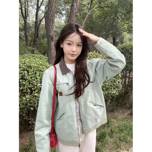 【有货】薄荷绿拼色工装外套男女春秋美式底特律夹克8152HH-特P68图片