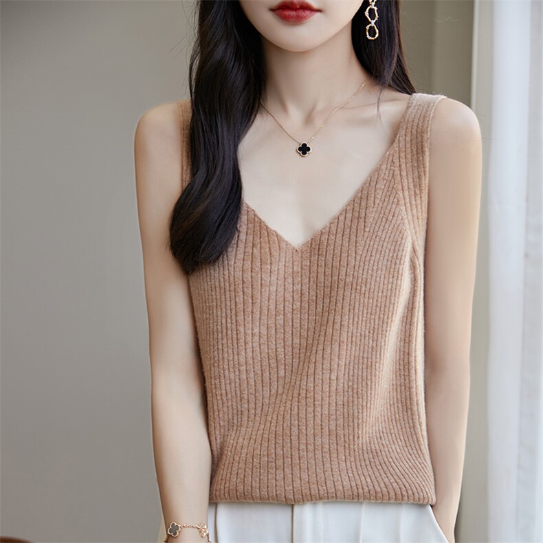 时尚V领针织吊带背心女夏季新款修身显瘦无袖打底衫内搭上衣,女装背心吊带,宏杨羊绒