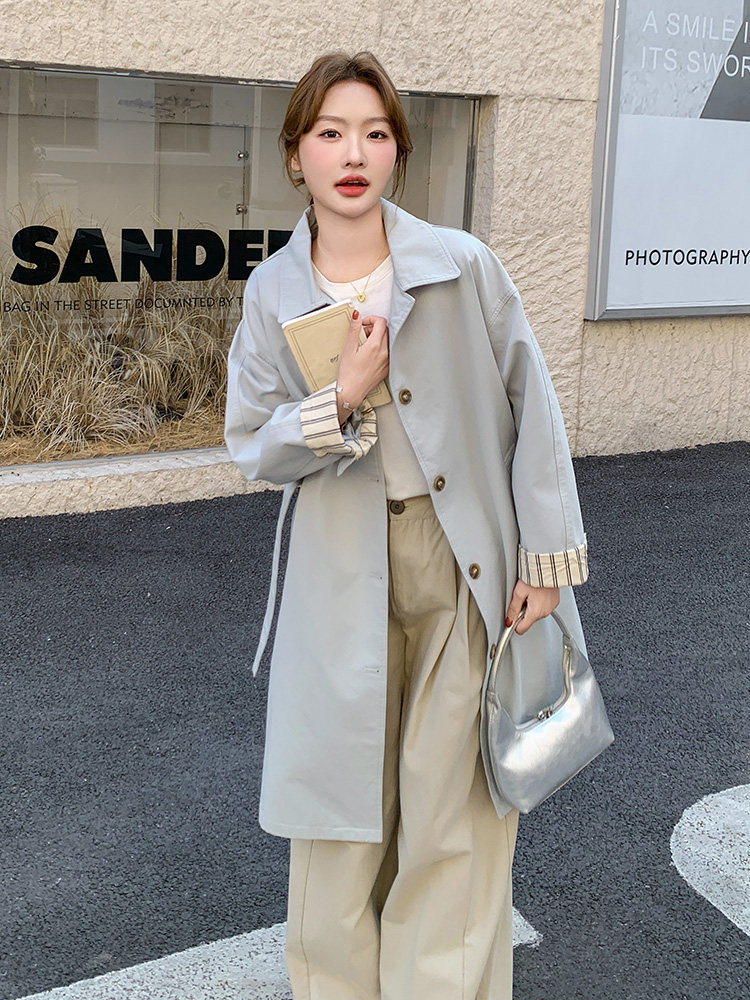 蓝色简约风衣外套女2025春季新款韩系英伦风中长款休闲大衣小个子,女装风衣,浙宝192（原082）