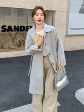 蓝色简约风衣外套女2025春季新款韩系英伦风中长款休闲大衣小个子，女装风衣，浙宝192（原082）