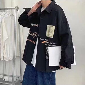 美式复古涂鸦设计感长袖衬衫男生秋季潮流休闲宽松青少年痞帅外套图片