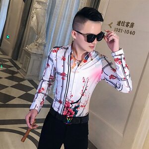 2021春秋衬衫社会男长袖上衣印花男装韩版修身四季潮流衬衣Q628-P55图片