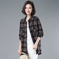 2021年春季排多扣POLO领格子衬衫常规宽松衬衣，女装衬衫，伊满意