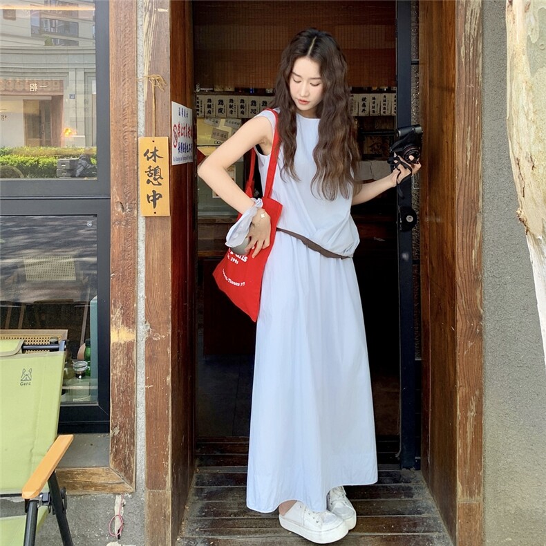 休闲减龄工装无袖半身裙套装女夏2025新款两件套慵懒风韩系高级感,女装套装/套裙,2C166
