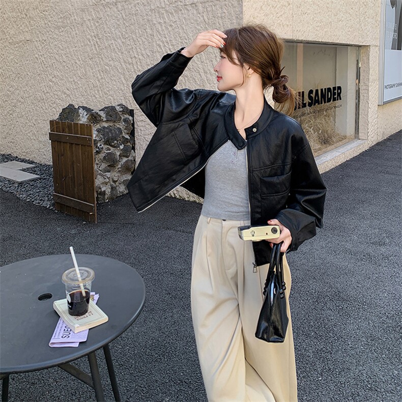 又酷又飒蓝色短款立领工装皮衣外套女春秋2025年新款时尚复古夹克,女装皮衣,2C301